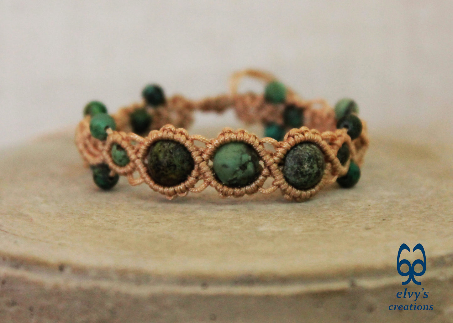 Handmade Beige Macrame Bracelet with Turquoise Gemstones Boho Summer Bracelet