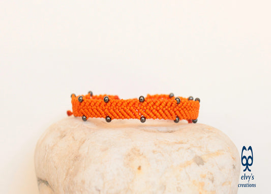 Orange Beaded Cuff Bracelet for Man with Dark Gray Matte Hematite Natural Gem Fathers Day Present Adjustable Ending