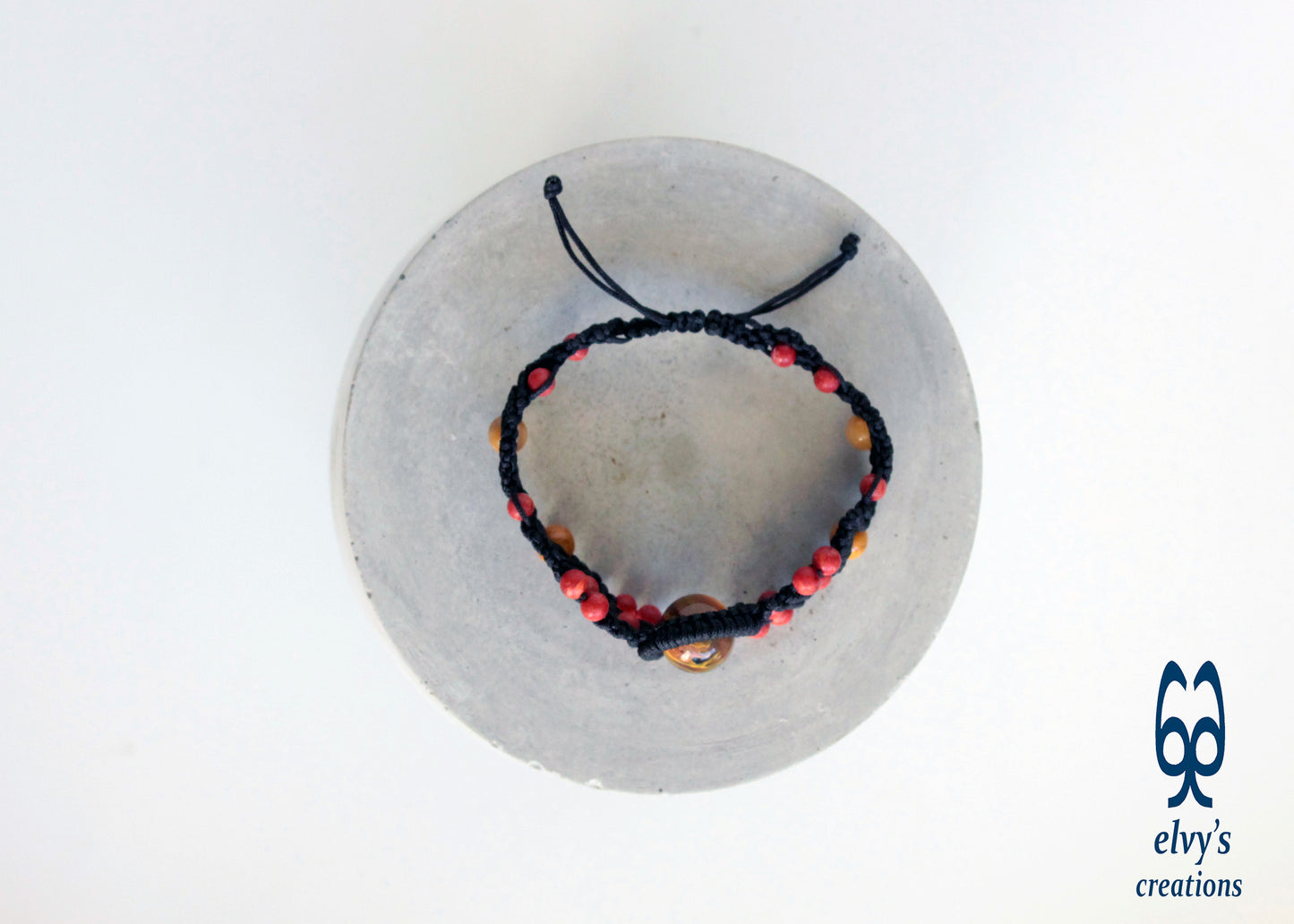 Red Yellow and Black Macrame Beaded Cuff Adjustable Bracelet with Corals, Agate and Crystal for Women 'Big Wave' Bracelet