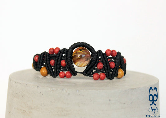 Red Yellow and Black Macrame Beaded Cuff Adjustable Bracelet with Corals, Agate and Crystal for Women 'Big Wave' Bracelet