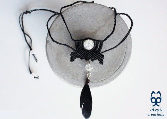 Black Macrame Necklace with Crystal Quartz Gemstone and Black Feather Black Festival Woven Beaded Necklace Gift for Her 