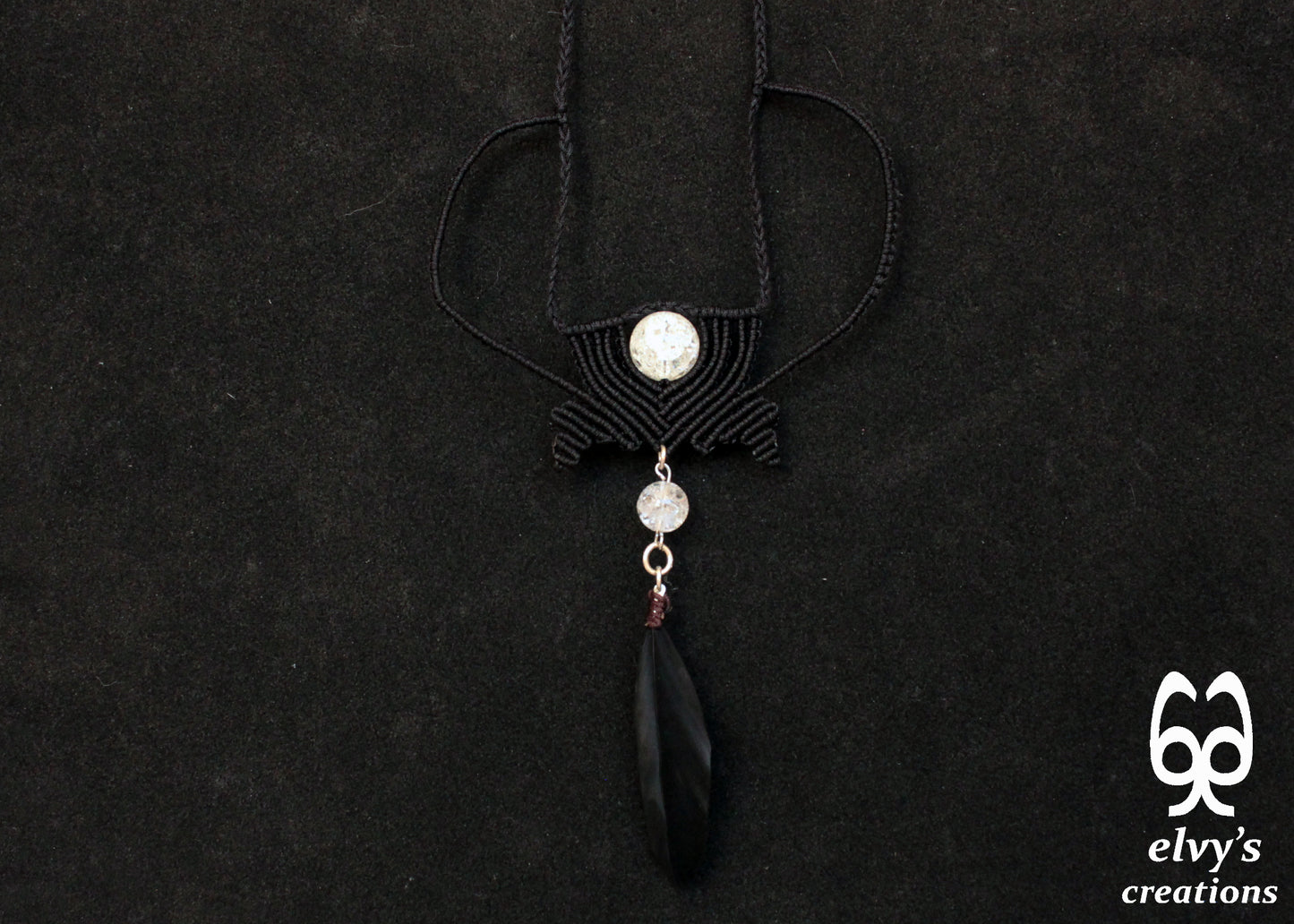 Black Macrame Necklace with Crystal Quartz Gemstone and Black Feather Black Festival Woven Beaded Necklace Gift for Her 