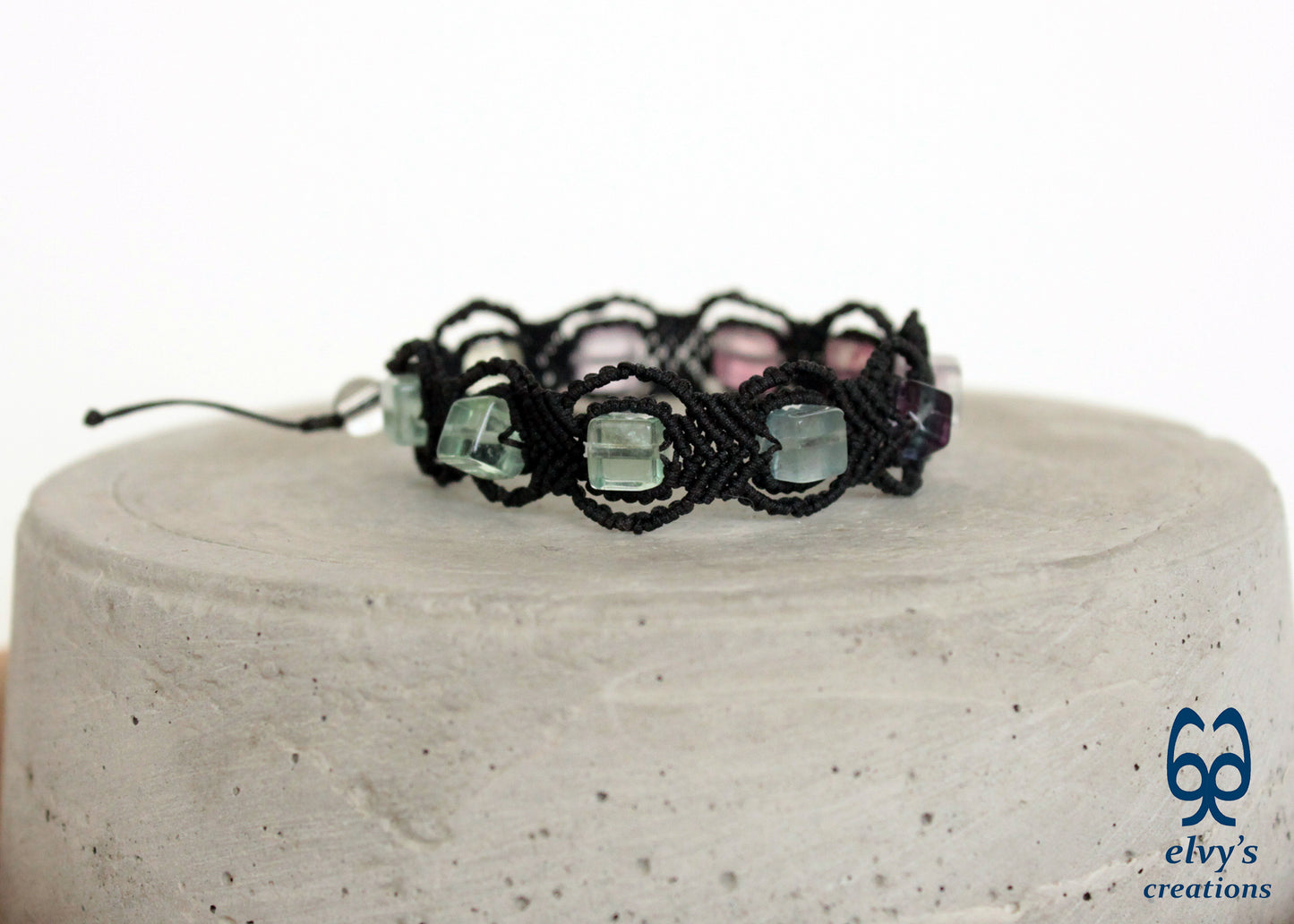 Black Macrame Bracelet with Fluorite and Crystal Quartz Gemstones Handmade Macrame Jewelry
