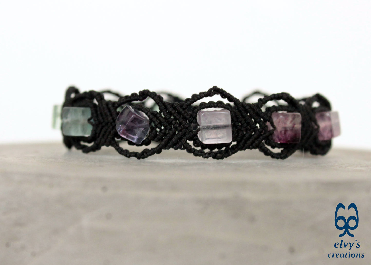 Black Macrame Bracelet with Fluorite and Crystal Quartz Gemstones Handmade Macrame Jewelry