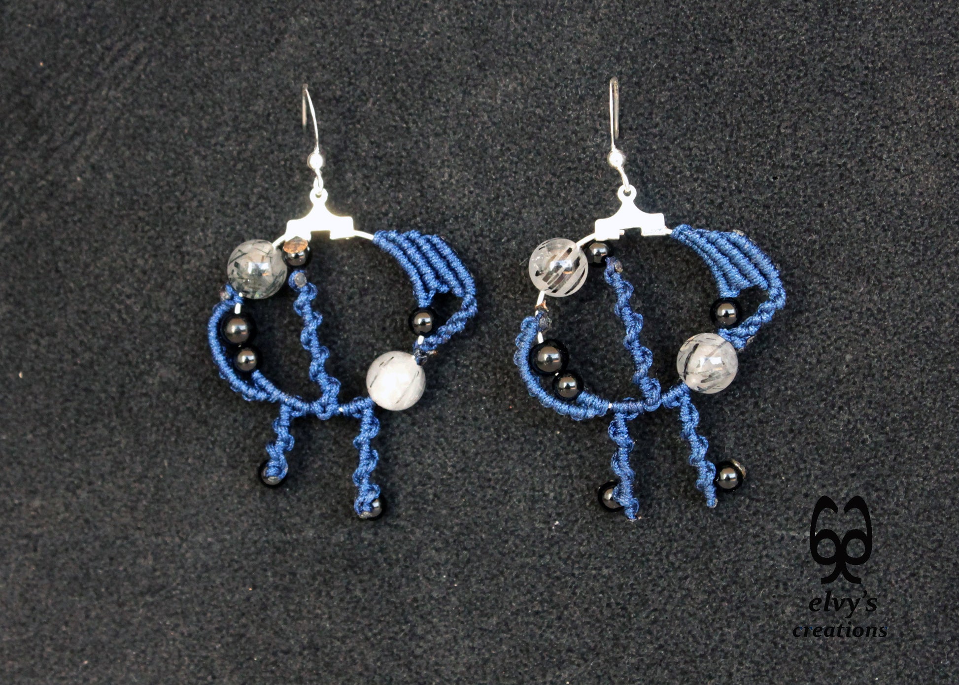Blue Macrame Crystal Quartz Onyx Earrings Silver Gemstone Beads Earrings Birthday Gift for Women