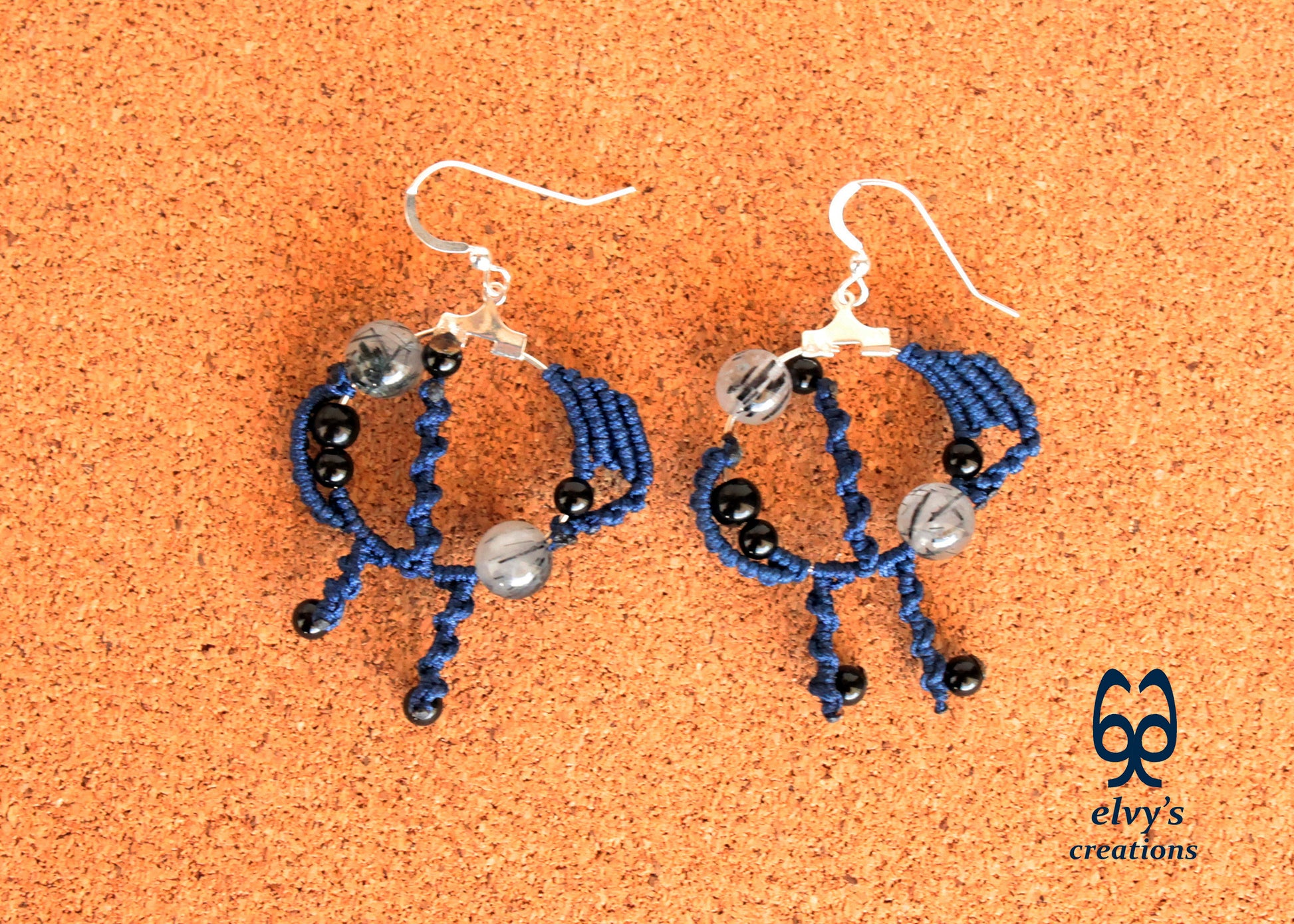 Blue Macrame Crystal Quartz Onyx Earrings Silver Gemstone Beads Earrings Birthday Gift for Women