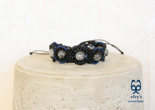 Black Macrame Bracelet, Crystal Gemstone Handmade, Unique Birthday Gift for Women