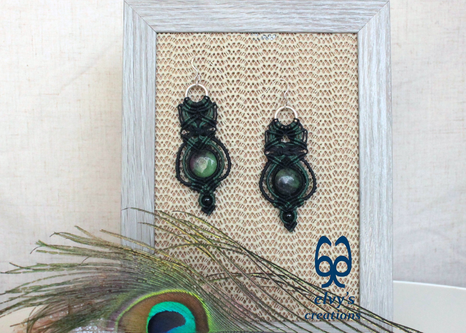 Black and Green Macrame Earrings with Onyx and Labradorite Gemstones