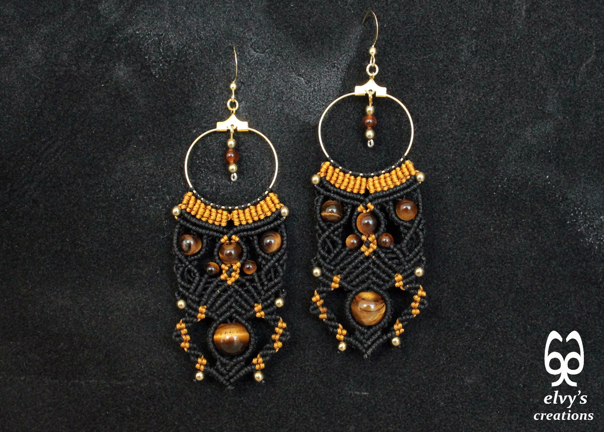 Black and Gold Macrame Earrings Handmade Micro macrame with Tiger Eye and Hematite Gemstones