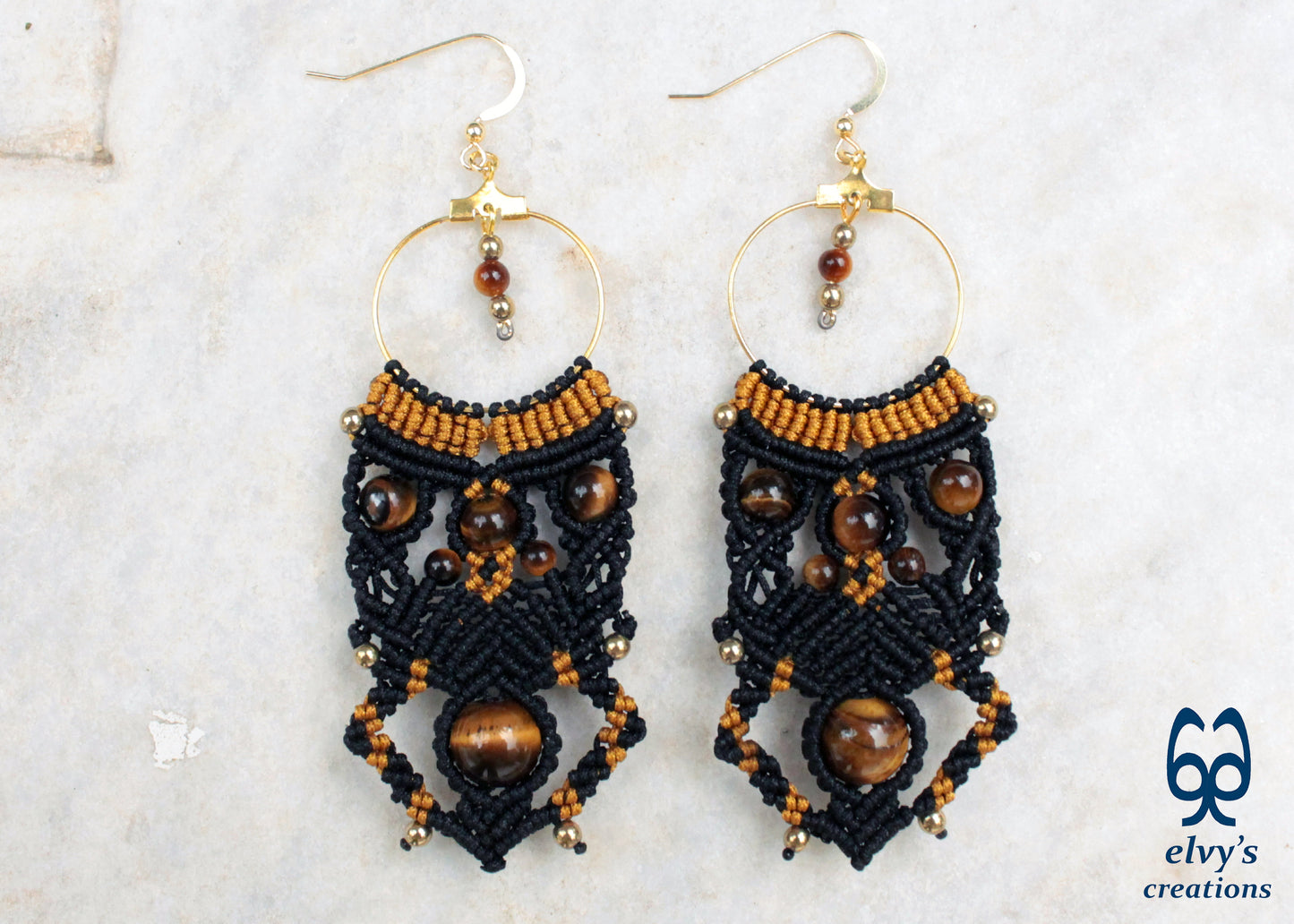 Black and Gold Macramé Earrings with Tiger Eye and Hematite Gemstones