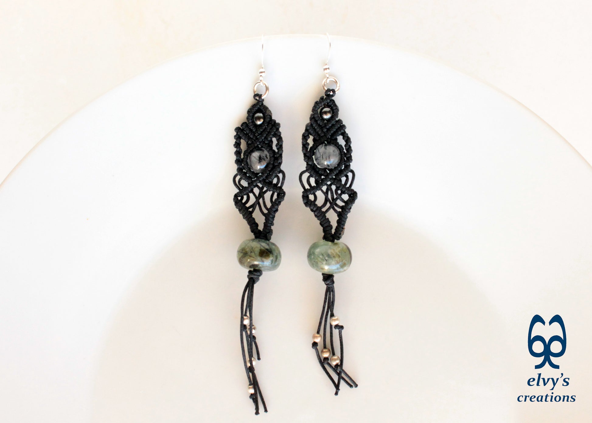 Black Macrame Beaded Dangle Earrings with Green Agate, Crystal Quartz and Hematite Natural Gemstones for Women Jewelry Boho Earrings 