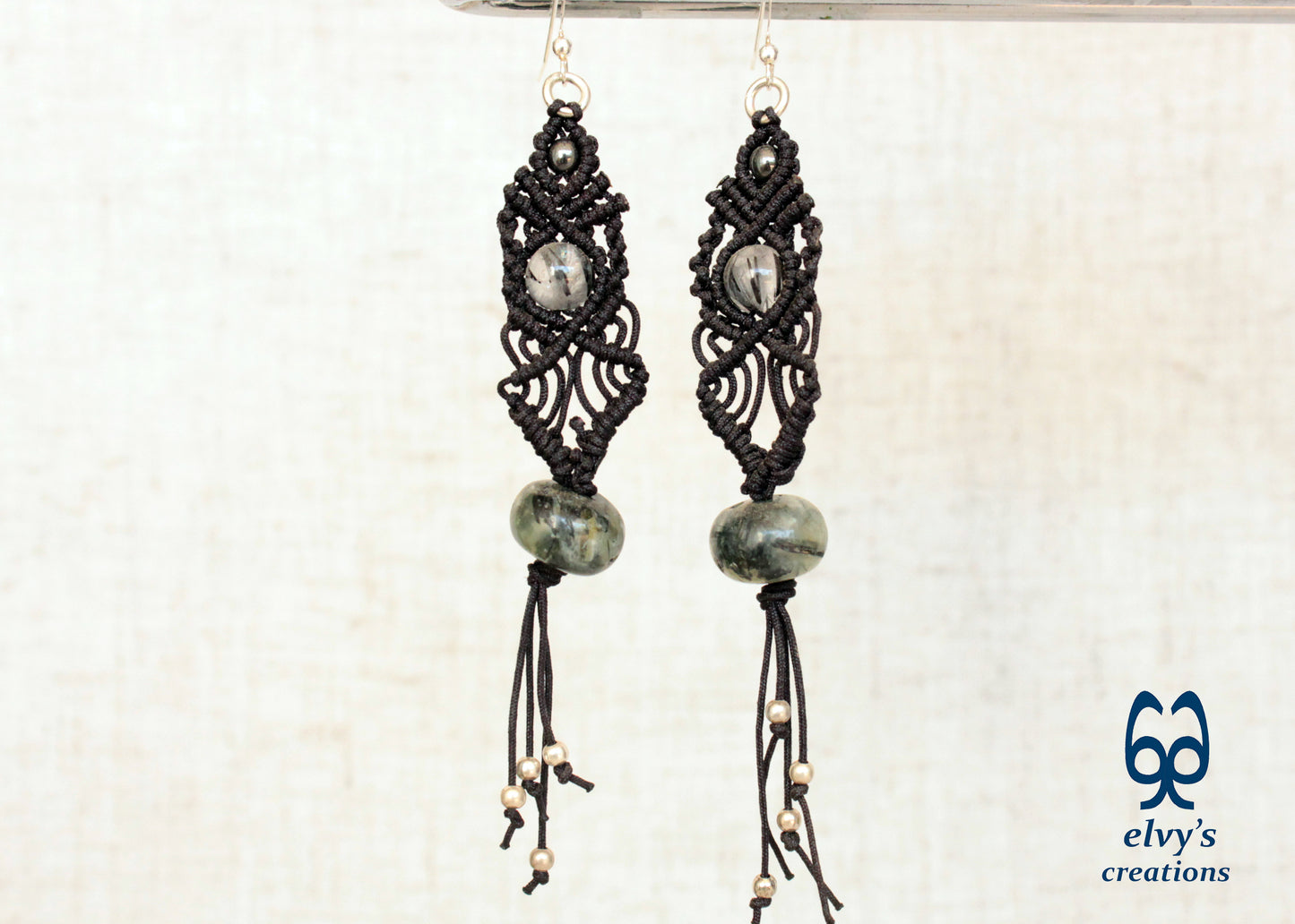Black Macrame Beaded Dangle Earrings with Green Agate, Crystal Quartz and Hematite Natural Gemstones for Women Jewelry Boho Earrings 