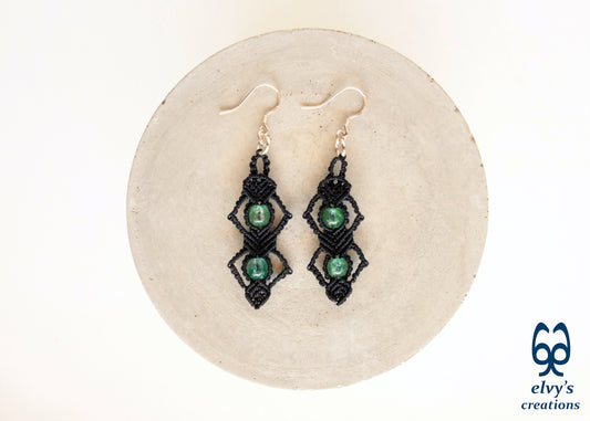 Silver Macrame Beaded Earrings,Fluorite Gemstone Dangle Earrings, Birthday Gift for Women