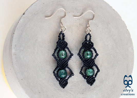 Silver Macrame Beaded Earrings,Fluorite Gemstone Dangle Earrings, Birthday Gift for Women