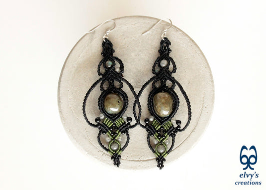 Black and Green Macrame Earrings with Labradorite and Onyx Natural Healing Gemstones for Women Beaded Jewelry Gift for Her Long Dangle