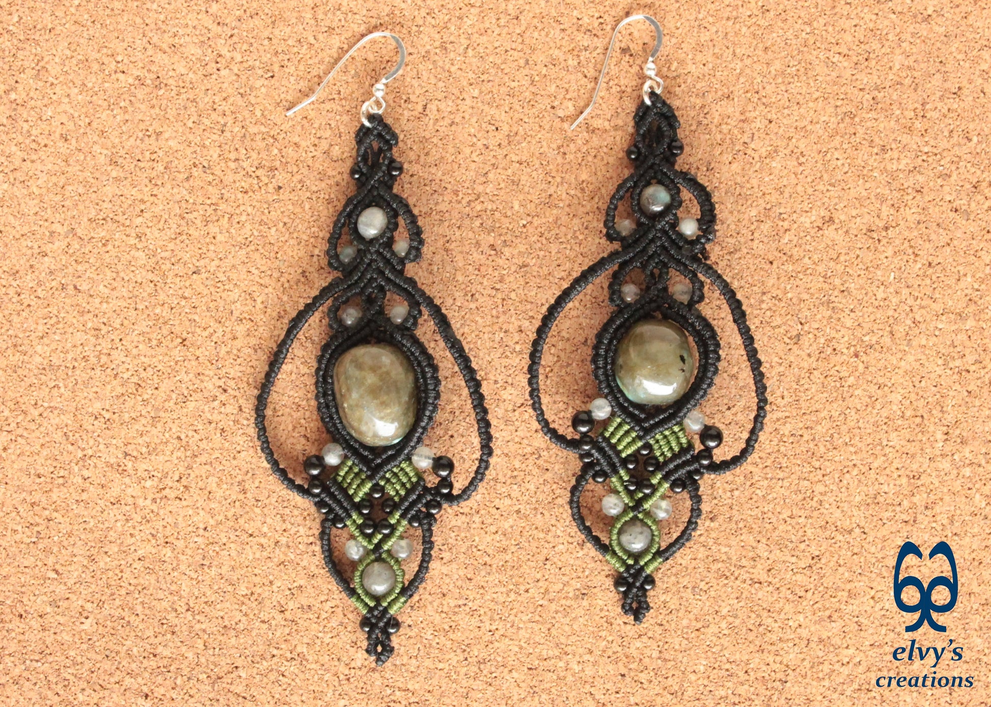 Black and Green Macrame Earrings with Labradorite and Onyx Natural Healing Gemstones for Women Beaded Jewelry Gift for Her Long Dangle