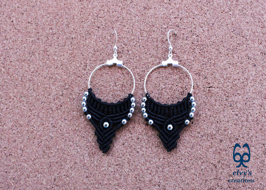 Silver and Black Macrame Earrings Hematite Gemstones Hoop Earrings