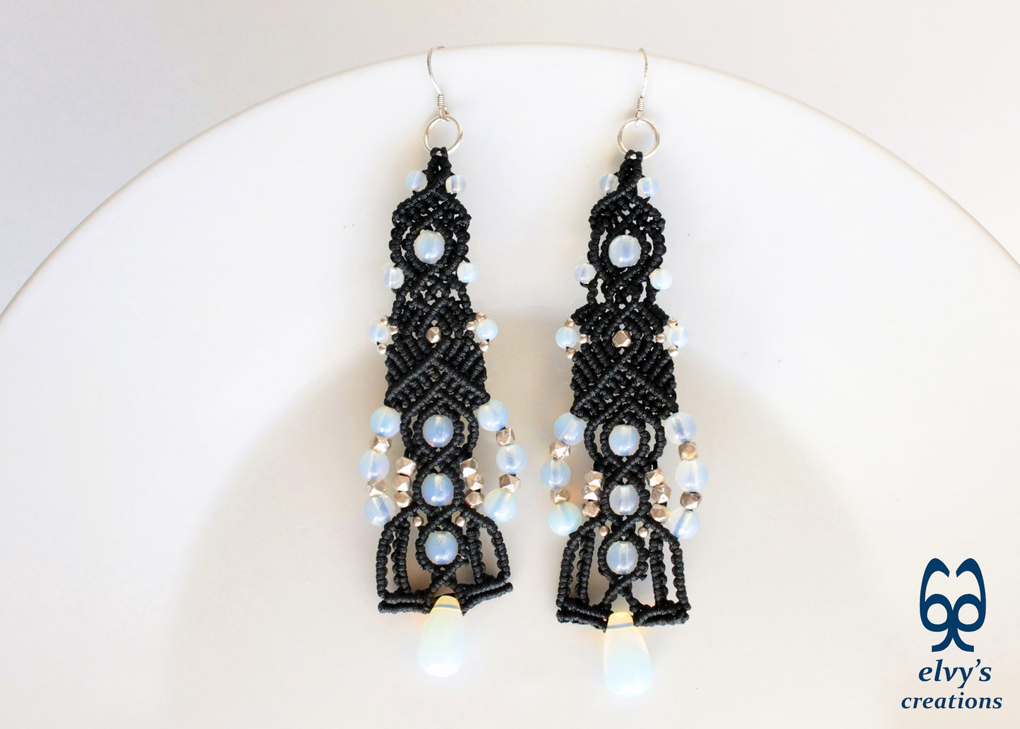 Moonstone Macrame Earrings, Silver Beaded Gemstone Earrings, Gift for Women