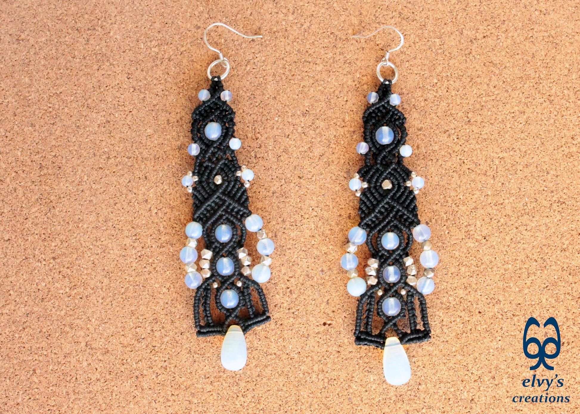 Moonstone Macrame Earrings, Silver Beaded Gemstone Earrings, Gift for Women