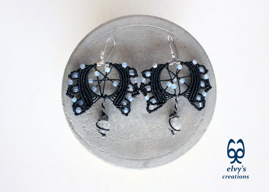 Moonstone Macrame Hoop Earrings, Silver Beaded Gemstone Earrings Gift for Women