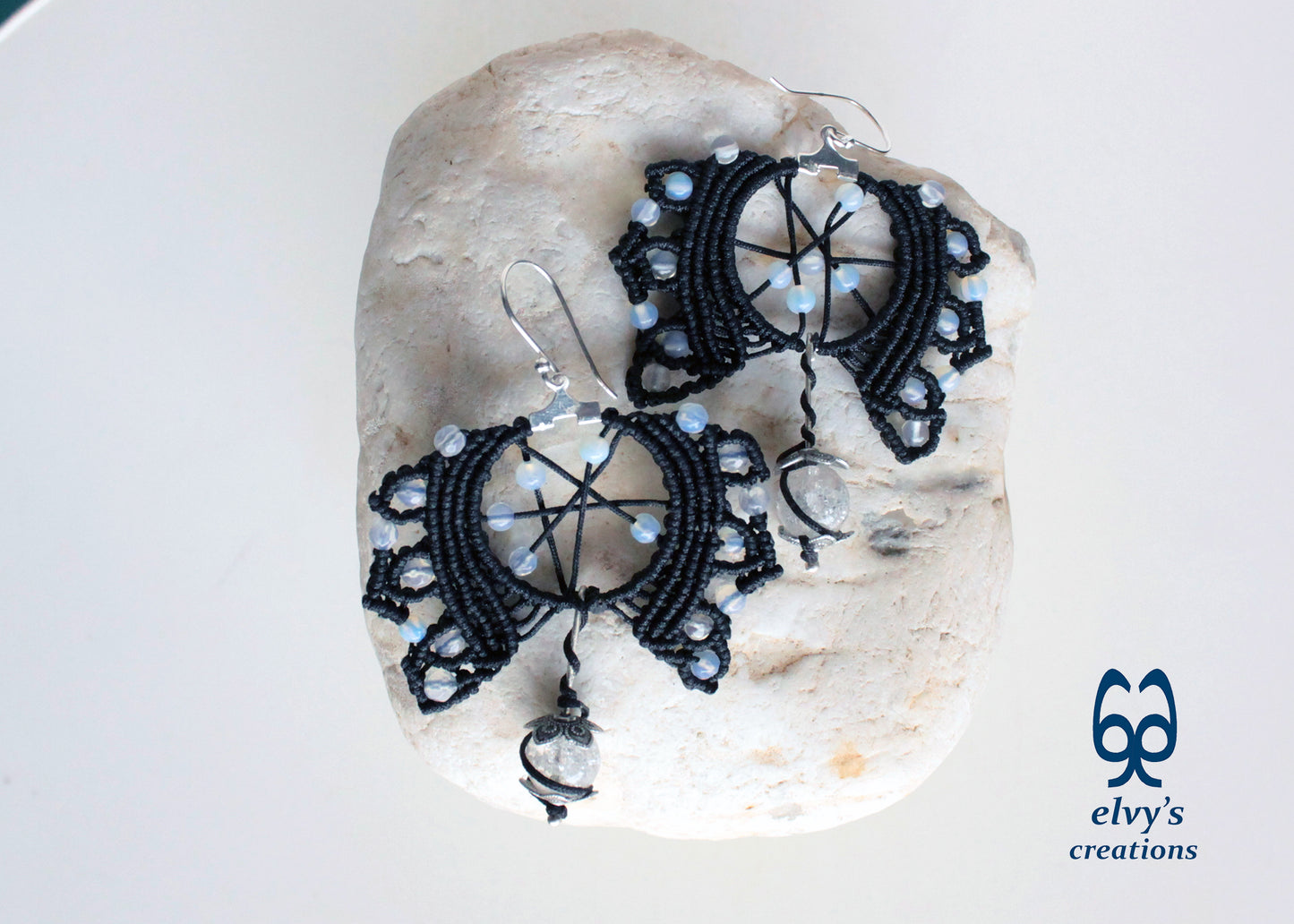 Moonstone Macrame Hoop Earrings Silver Beaded Gemstone Earrings Gift for Women