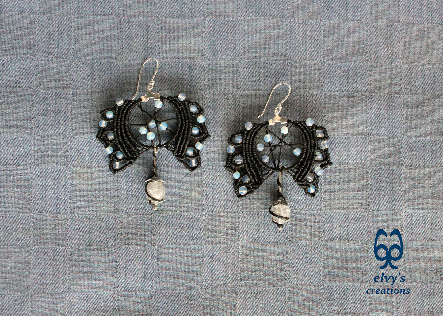 Moonstone Macrame Hoop Earrings Silver Beaded Gemstone Earrings Gift for Women