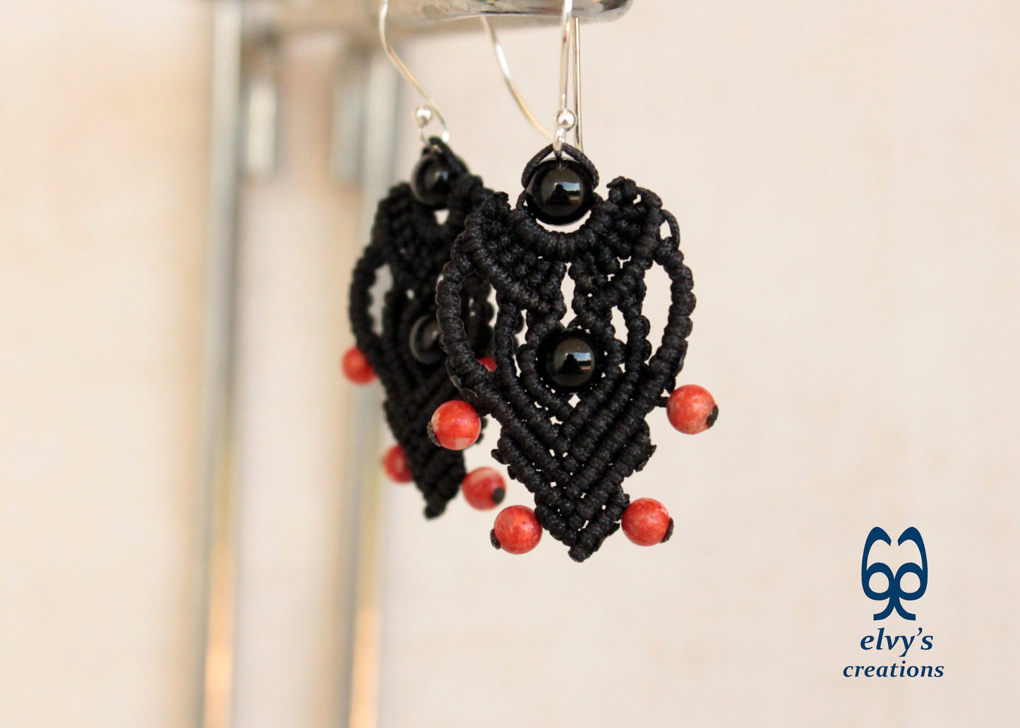 Black Macrame Earrings with Onyx and Corals