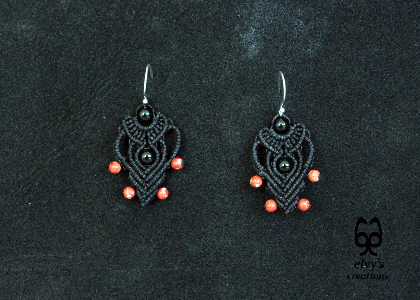 Black Macrame Earrings with Onyx and Corals