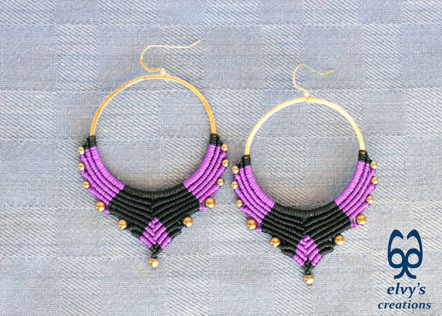 Handmade Gold Macrame Earrings, Dangle Hematite Gemstone Beads Earrings, Birthday Gift for Women