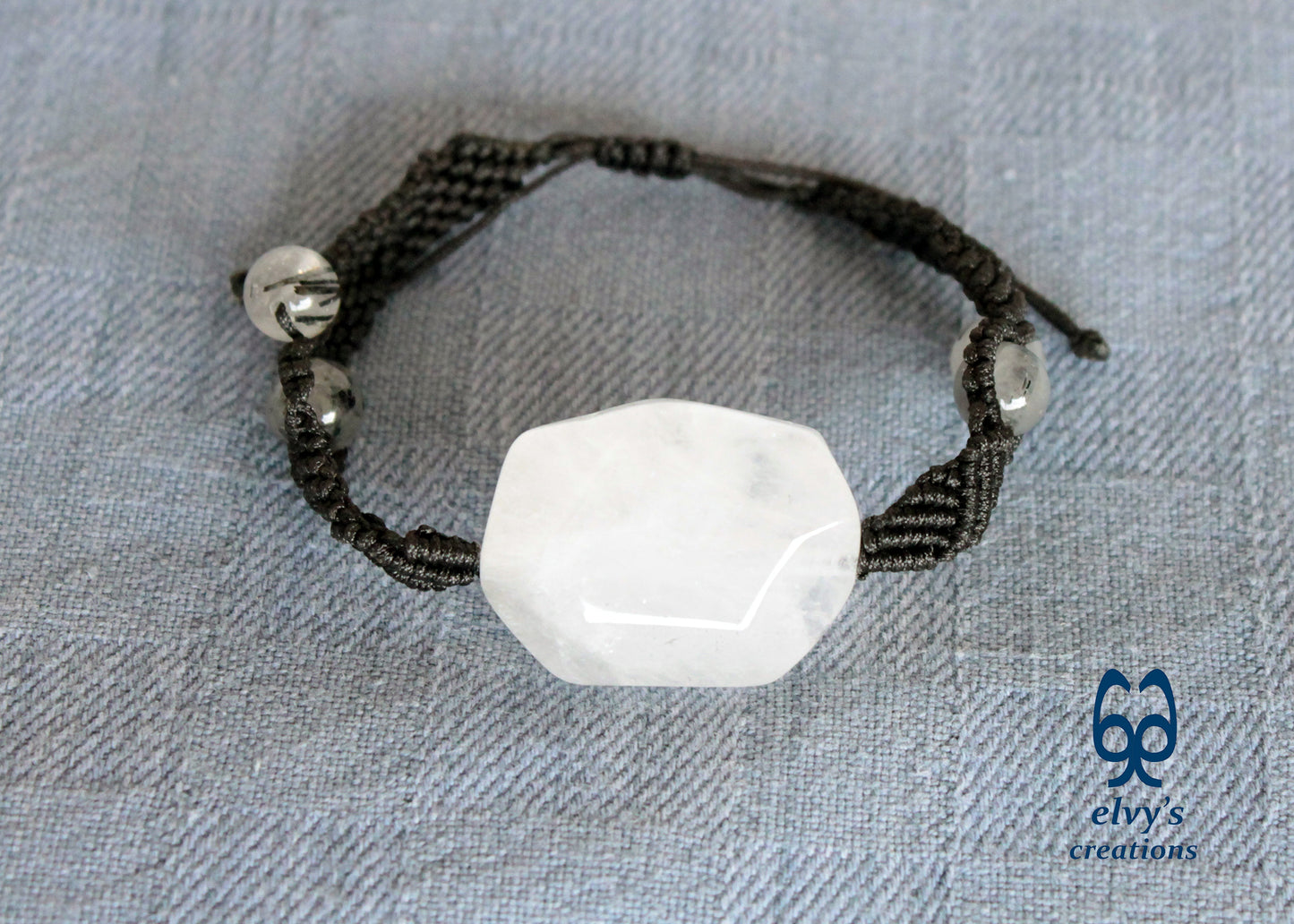 Black Macrame Bracelet with White Crystal Quartz Handmade Adjustable Bracelet Birthday gift for Women