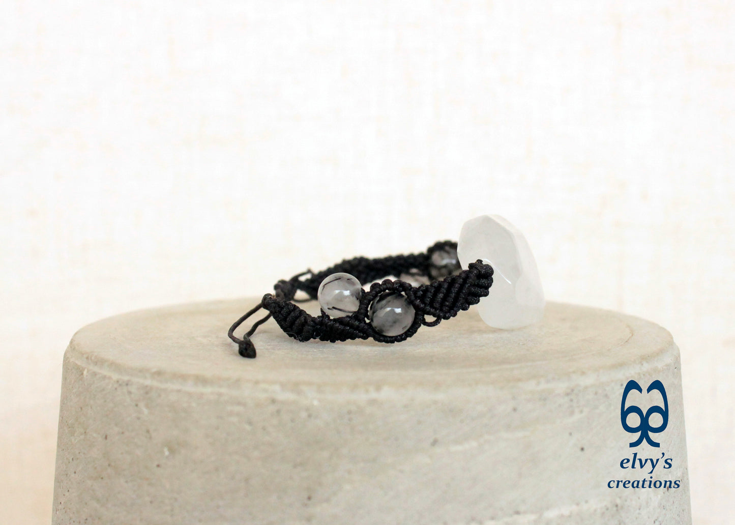 Black Macrame Bracelet with White Crystal Quartz Handmade Adjustable Bracelet Birthday gift for Women