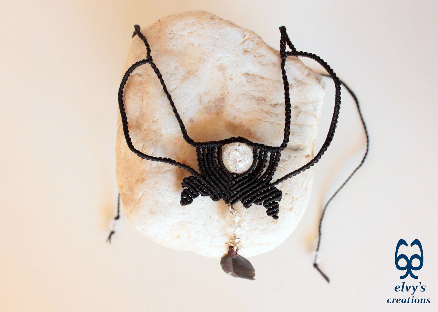 Black Macrame Necklace, Crystal Beaded Macrame Choker, Unique Birthday Gift for Women or Men