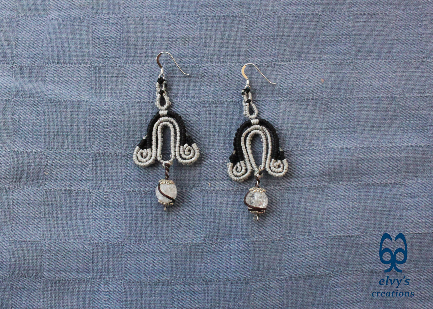 Silver Macrame Earrings with Crystal Quartz Gemstones Black Boho Dangle Earrings