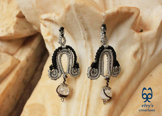 Silver Macrame Earrings with Crystal Quartz Gemstones Black Boho Dangle Earrings