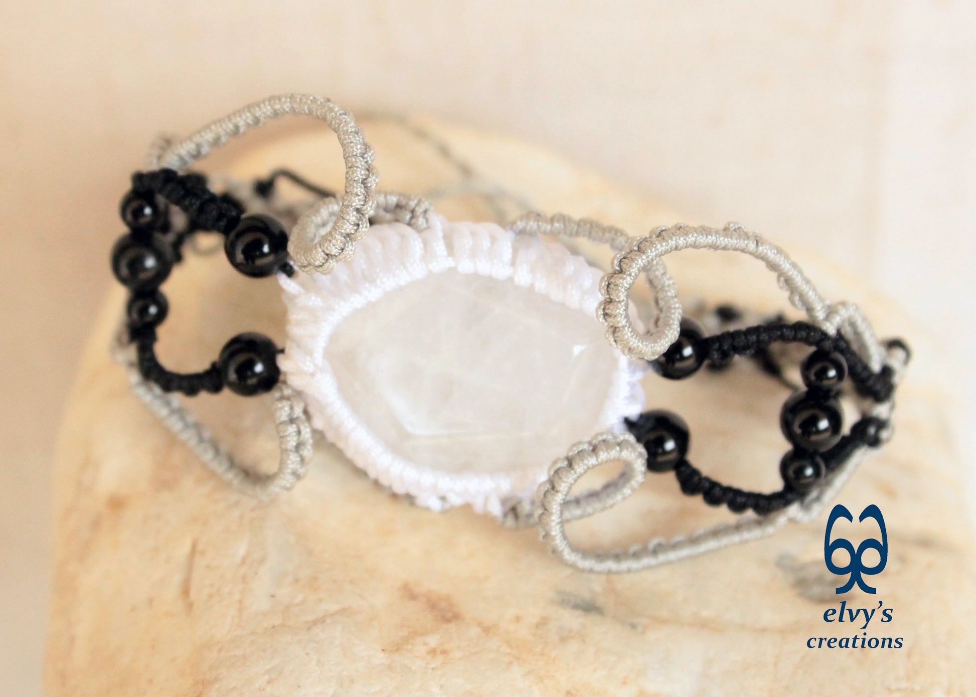 Black Macrame Bracelet, White Crystal Gemstone Handmade Unique Birthday Gift for Women