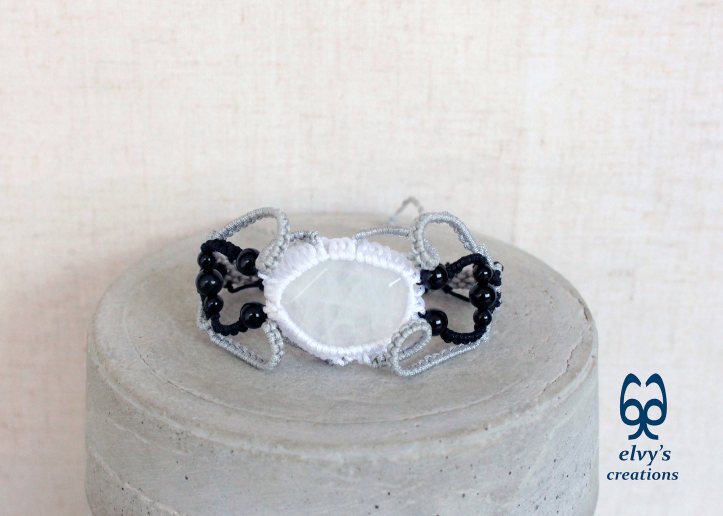Black Macrame Bracelet, White Crystal Gemstone Handmade Unique Birthday Gift for Women
