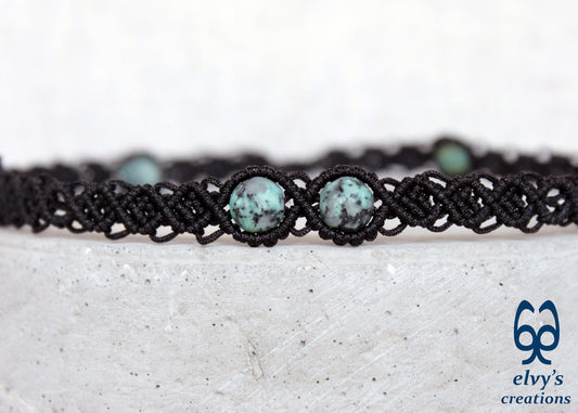 Black Macrame Choker With Turquoise Gemstones Beaded Adjustable Necklace for Women
