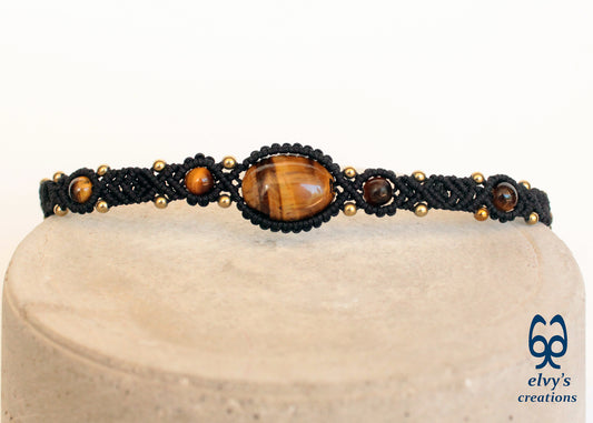 Black Macrame Necklace Adjustable Handcraft Choker With Tiger Eye and Hematite Gemstones