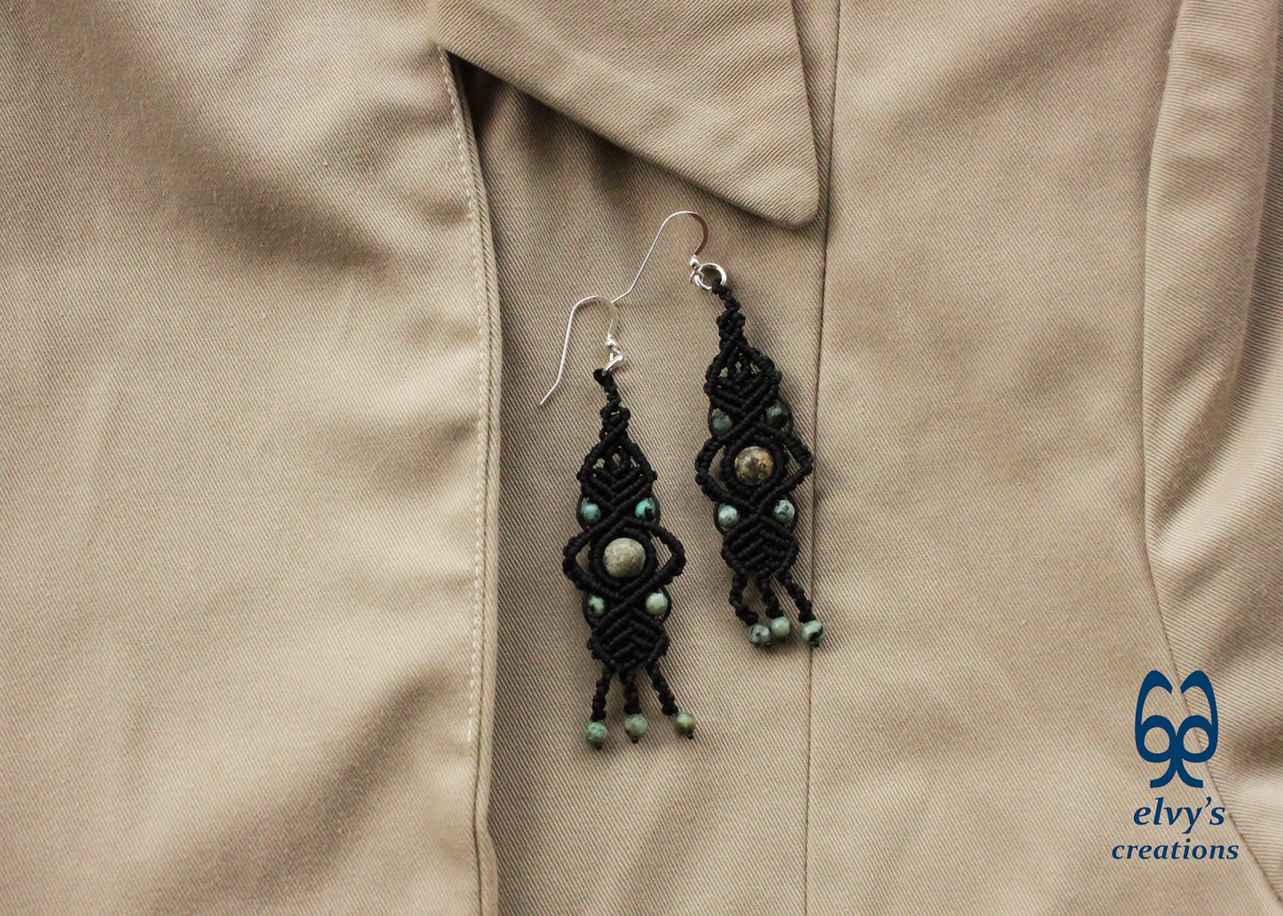 Black Macrame Earrings with Turquoise Gemstones Lace Silver Earrings