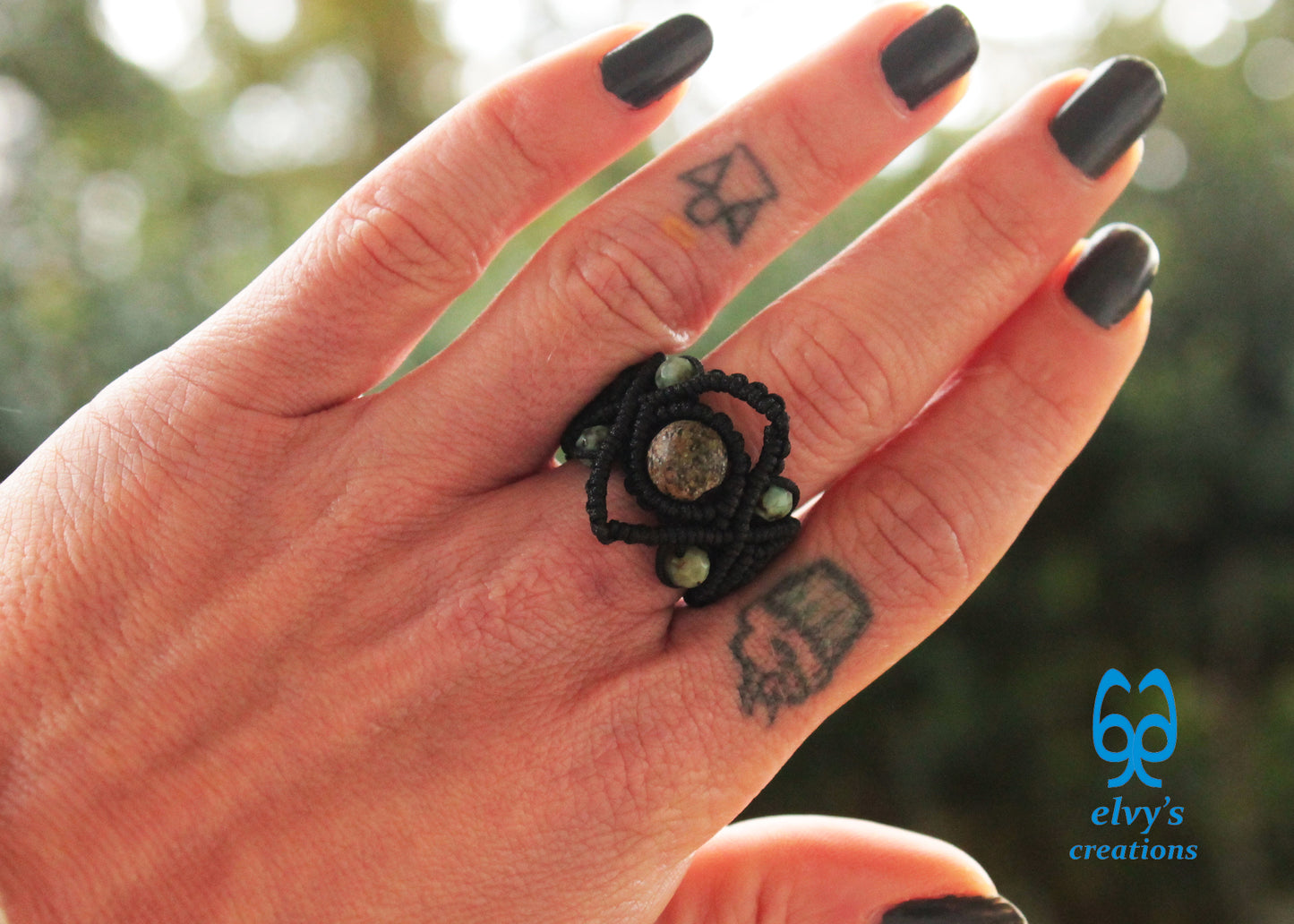 Black Macrame Ring with Turquoise Gemstones Handmade Macrame Jewelry