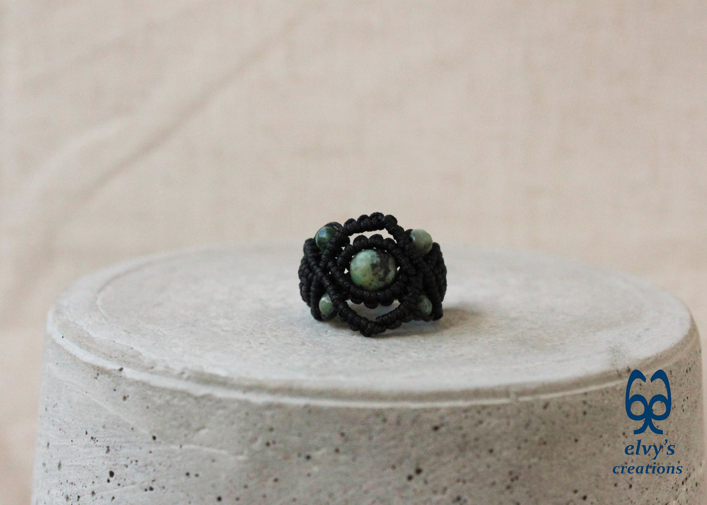 Black Macrame Ring with Turquoise Gemstones Handmade Macrame Jewelry