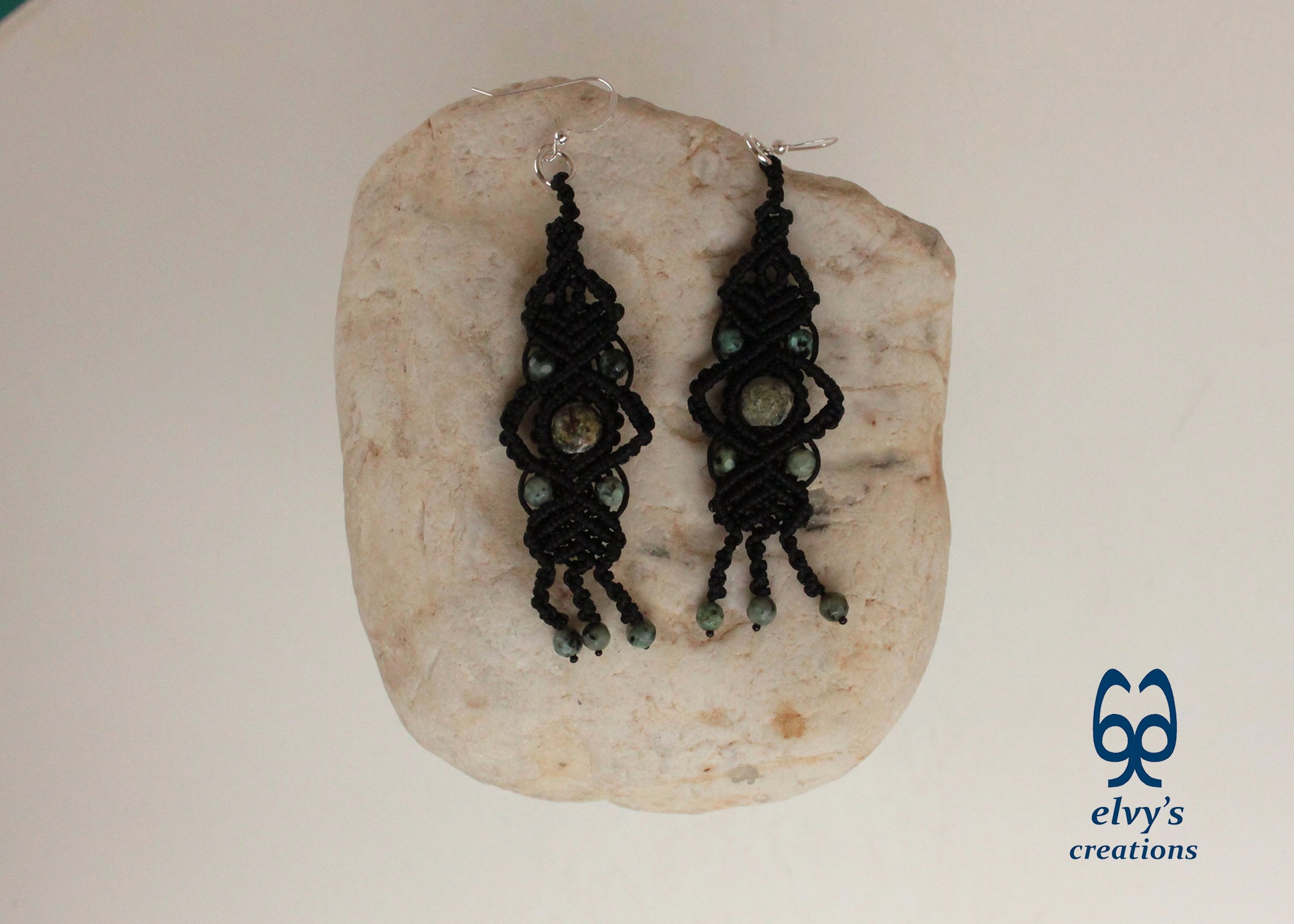 Black Macrame Earrings with Turquoise Gemstones Lace Silver Earrings