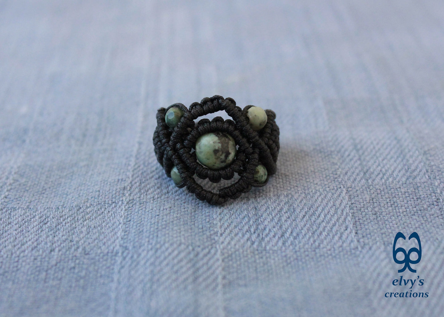 Black Macrame Ring with Turquoise Gemstones