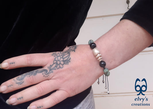 Black Macrame Bracelet with Turquoise with Onyx macrame silver beaded bracelet