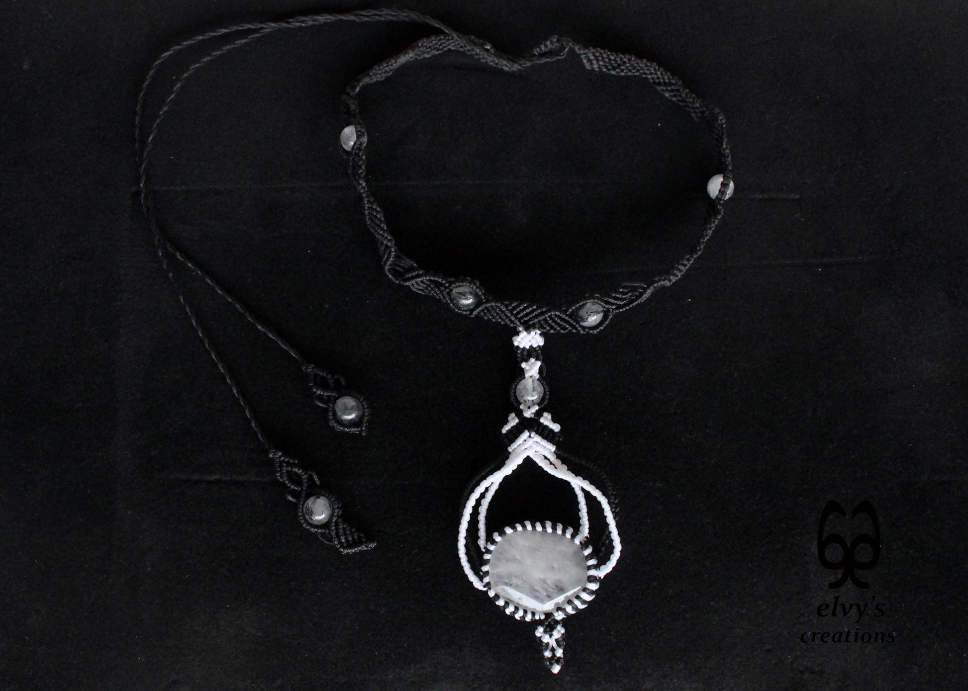 Black Macrame Choker Necklace White Quartz Crystal Macrame Necklace for Women Birthday Gift 