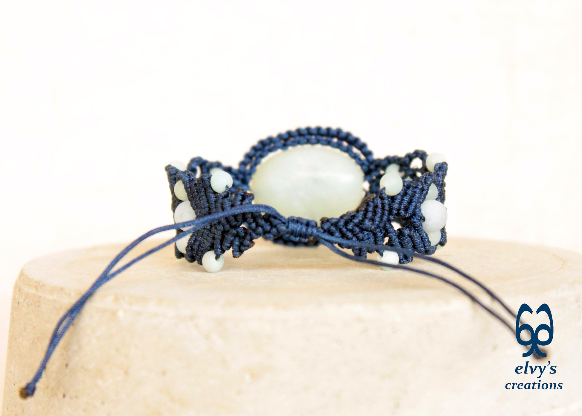 Blue Macrame Bracelet with Amazonite Gemstone Adjustable Unique Birthday Gift for Women