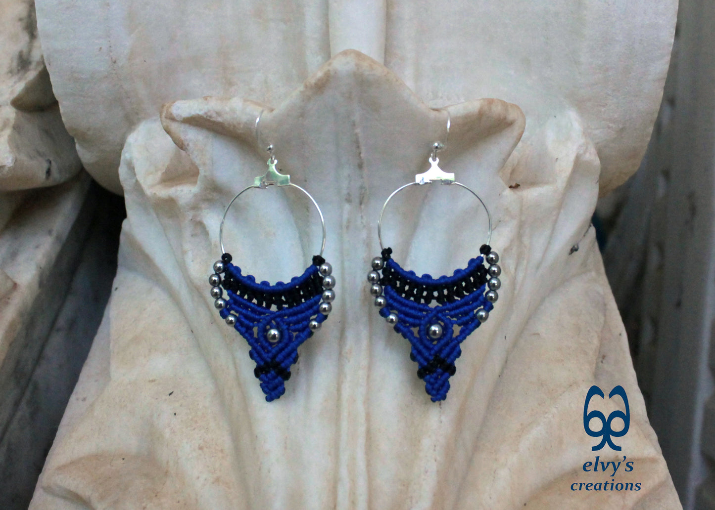 Blue and Black Macrame Earrings Hematite Gemstones Hoop Earrings