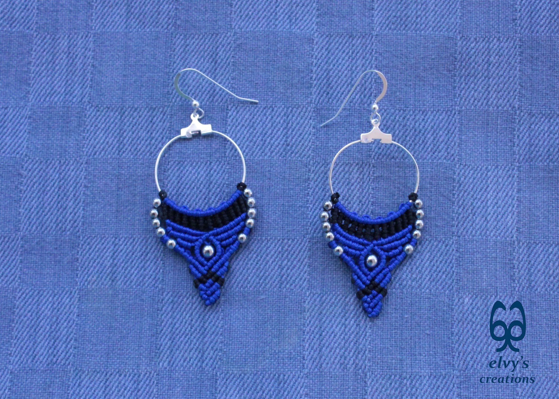 Blue and Black Macrame Earrings Hematite Gemstones Hoop Earrings