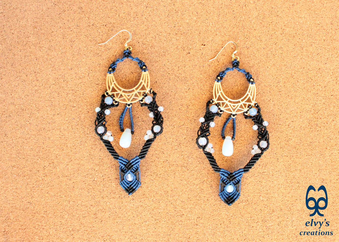 Black and Blue Macrame Earrings with Moonstones Glamour Long Dangle Boho Earrings Silver Gold Handmade Jewelry