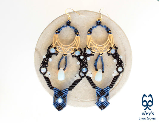 Black and Blue Macrame Earrings with Moonstones Glamour Long Dangle Boho Earrings Silver Gold Handmade Jewelry